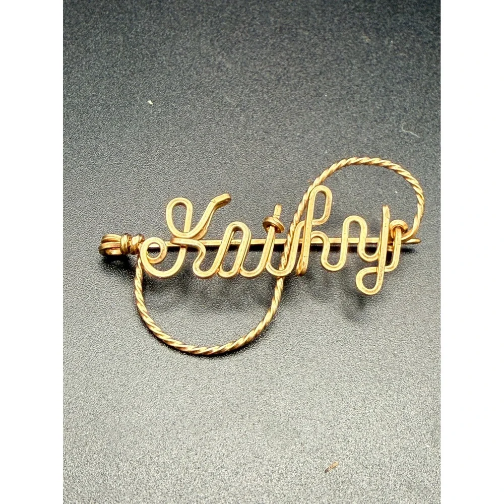 Vintage Kathy Name Brooch Gold Tone Wire Script Personalized Pin 2 Inch